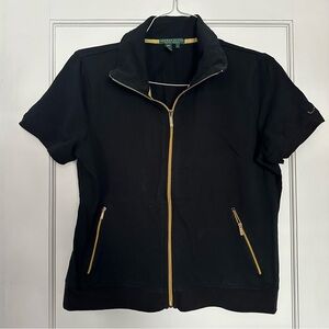 Ralph Lauren, Lauren Active Black Short Sleeve Zip Top with Gold Hardware